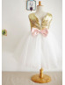 Gold Sequin Ivory Tulle Pink Bow Knee Length Flower Girl Dress 